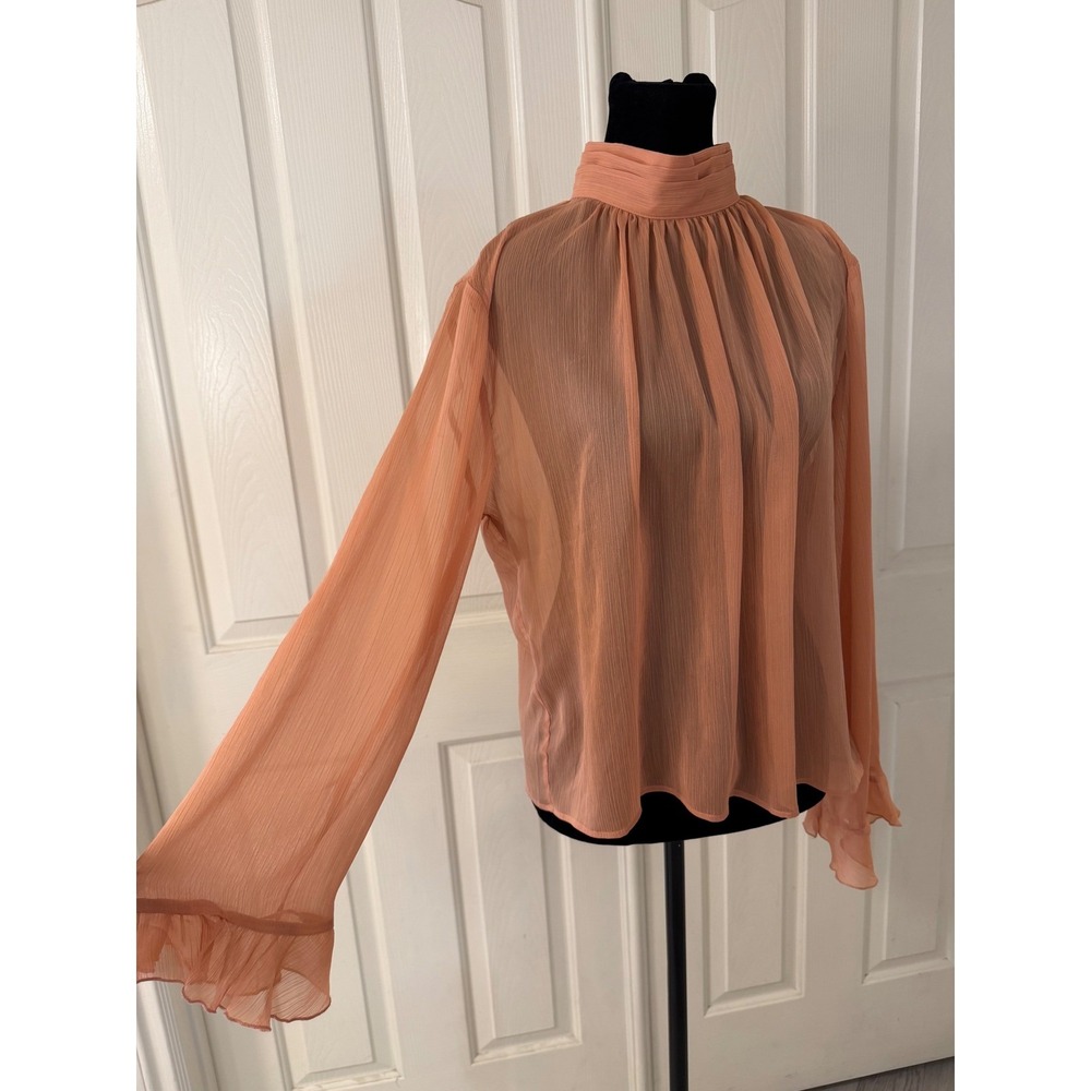 By Anthropologie Top Peach High Neck Sheer Blouse Ruffle Cuff Long Sleeve Sz M